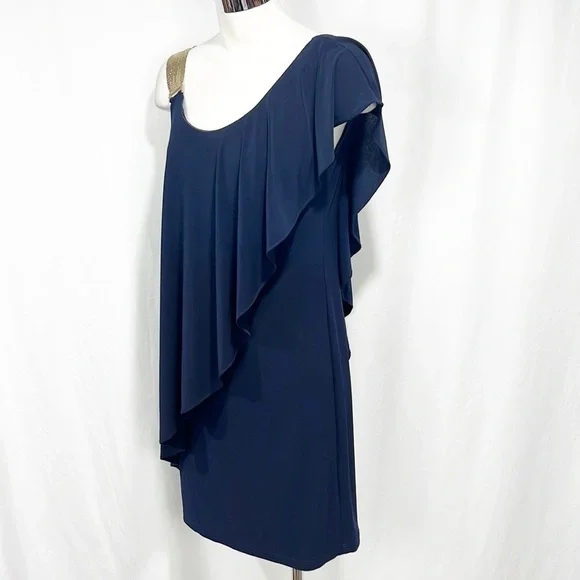 Betsy & Adam Navy Blue Gold Metal Mesh Ruffle One Shoulder Sheath Dress 4 NWT - Picture 3 of 13